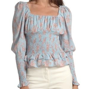 BNWT Cistar NY Floral Print Smocked Waist Top in Blue